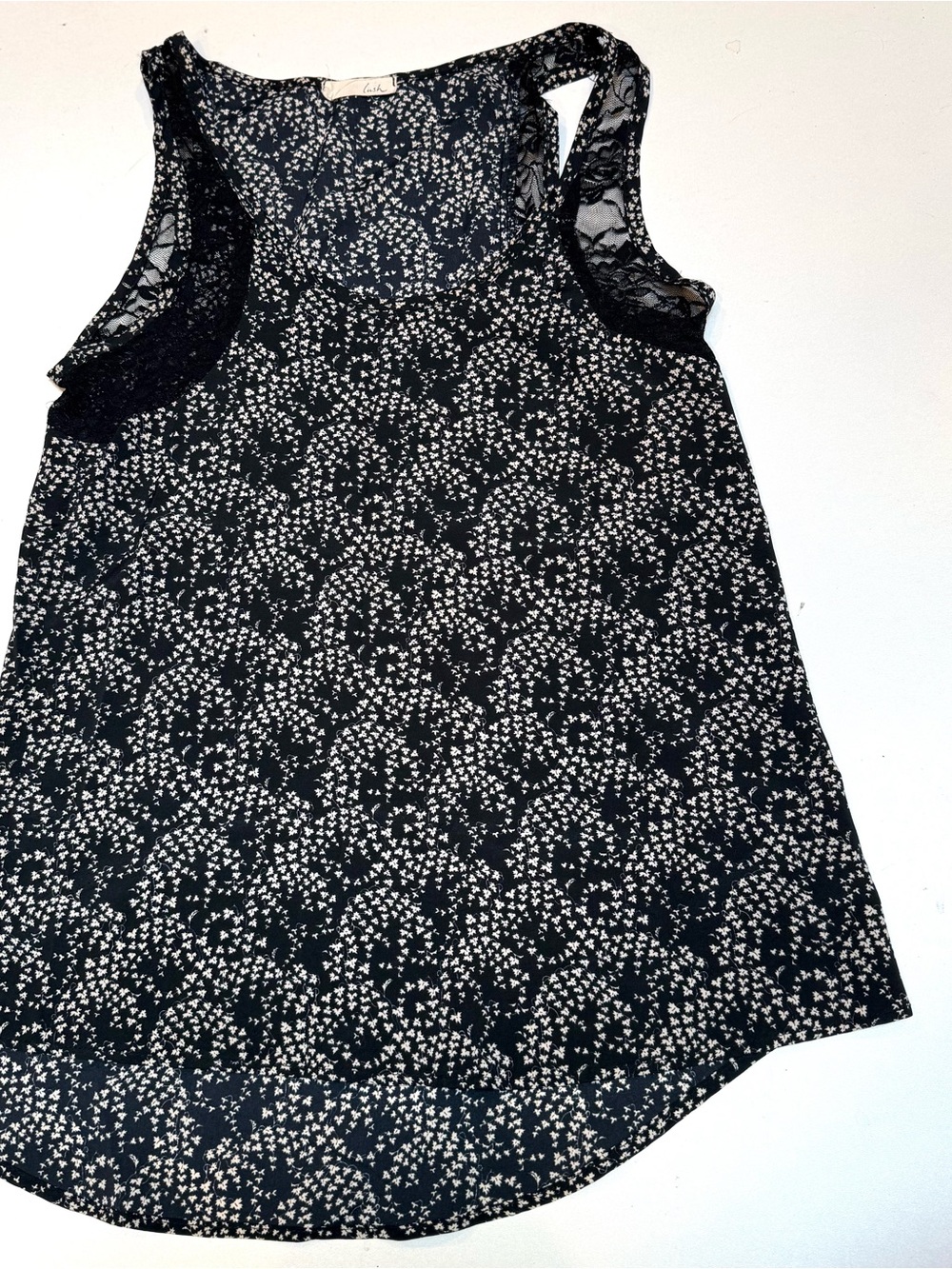 Lush Navy Blue and White Sleeveless Floral Lace-Trim Blouse
